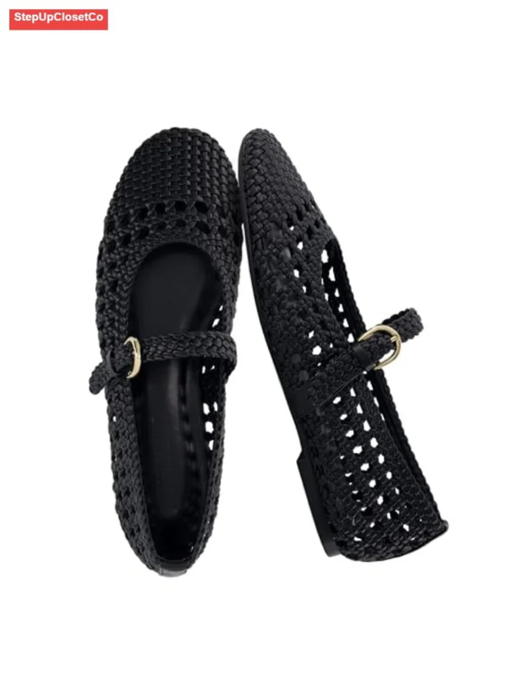 Women's Woven Mary Jane Ballet Flats with Adjustable Strap - Cushioned Comfort